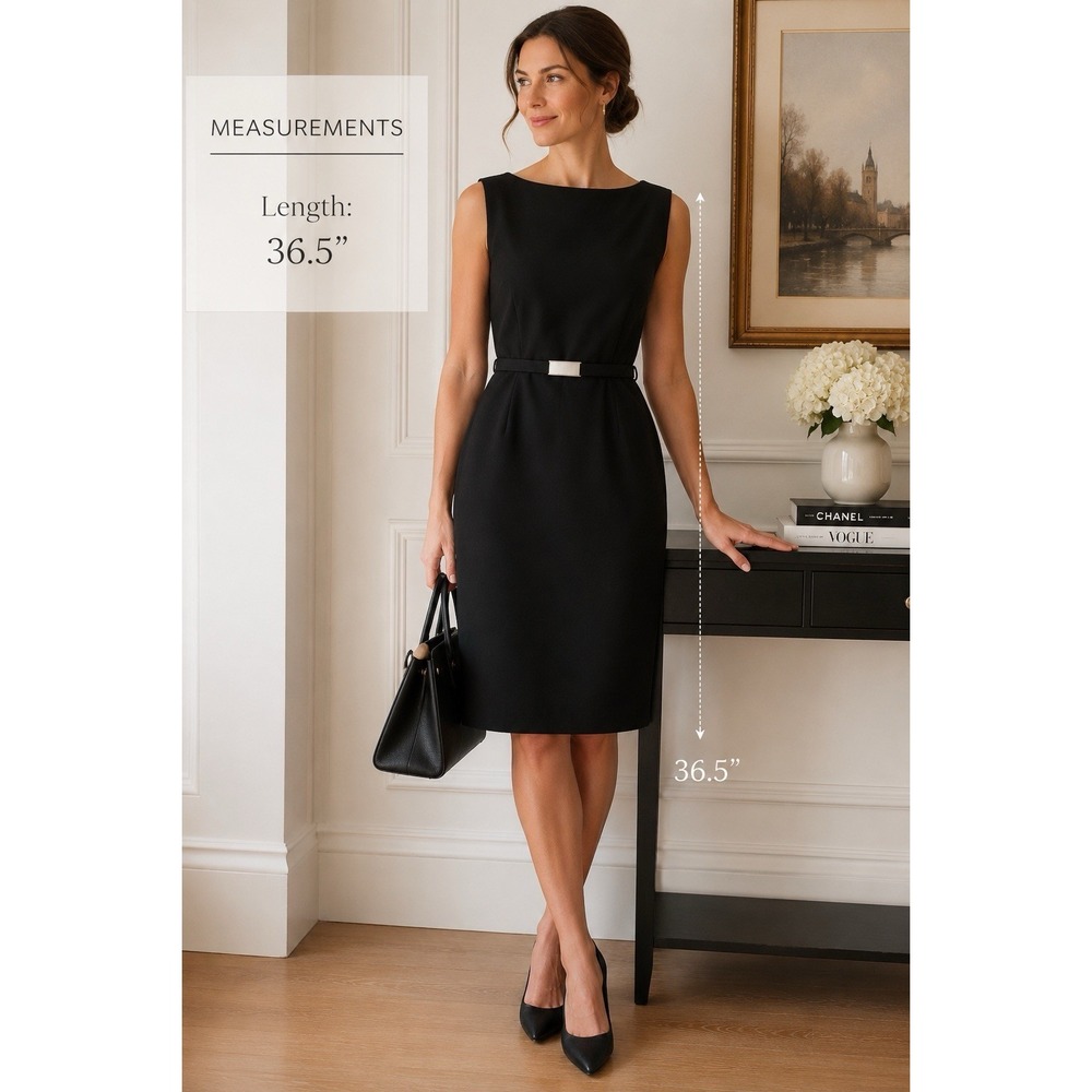 Kasper ASL Black Sheath Dress 10P Belted Sleeveless Career Cocktail Minimalist